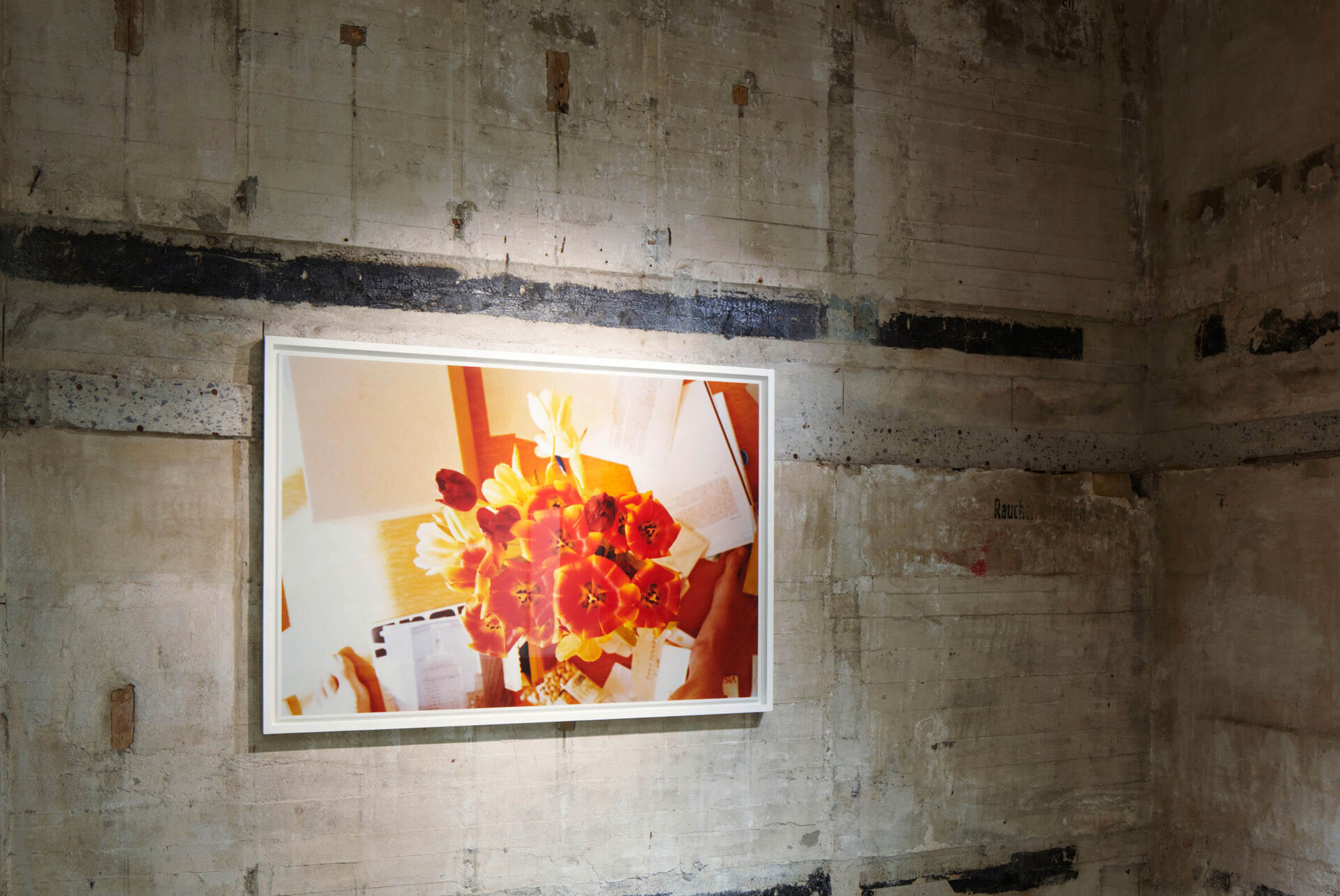 Foto von Wolfgang Tillmans zeigt rote Tulpen auf einem Tisch mit Papieren und Büchern – ausgestellt an Betonwand im Boros Bunker Berlin.