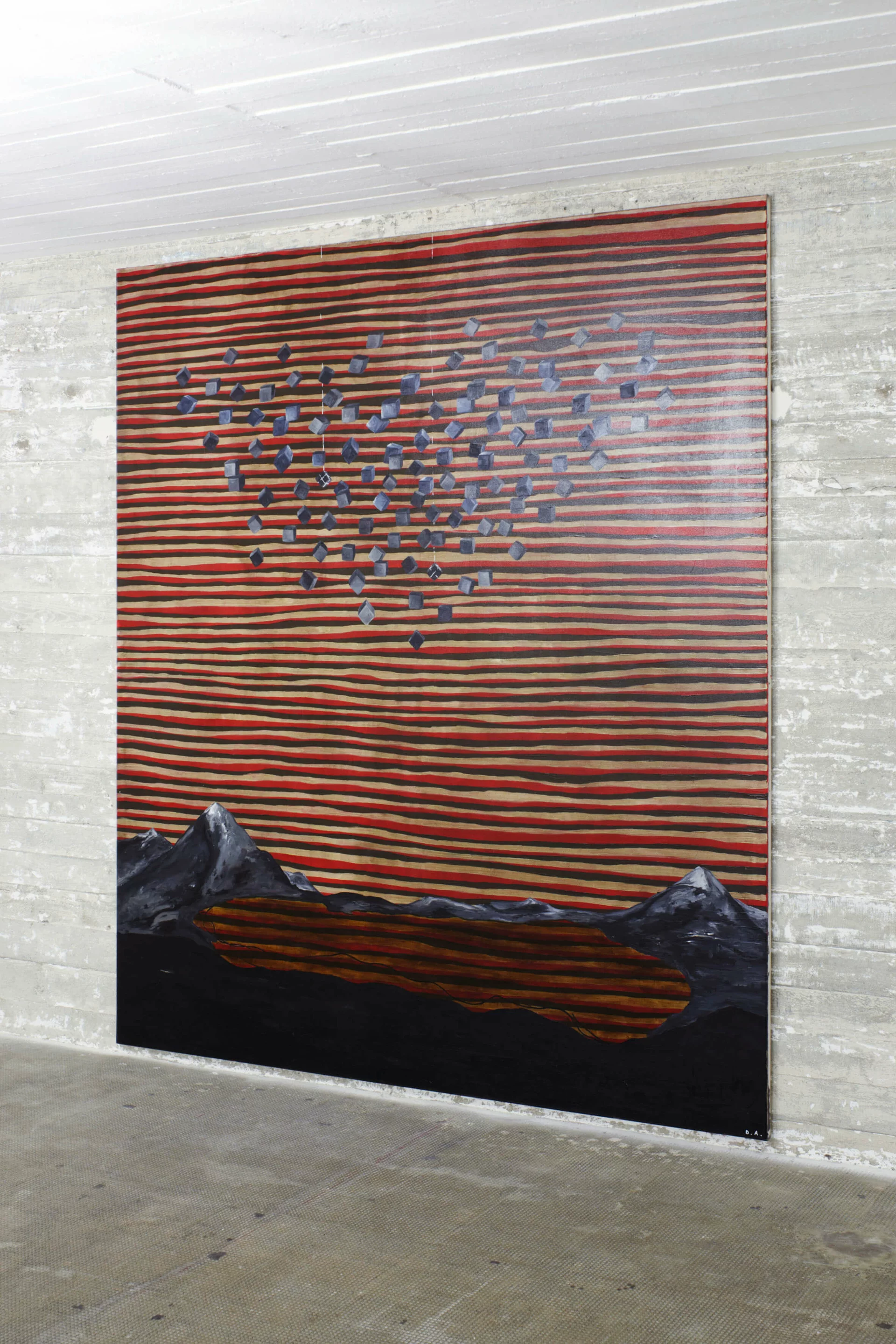 Gemälde von Thomas Zipp mit rot-schwarzen Streifen, stilisierten Bergen und schwebenden geometrischen Formen im Boros Bunker Berlin.