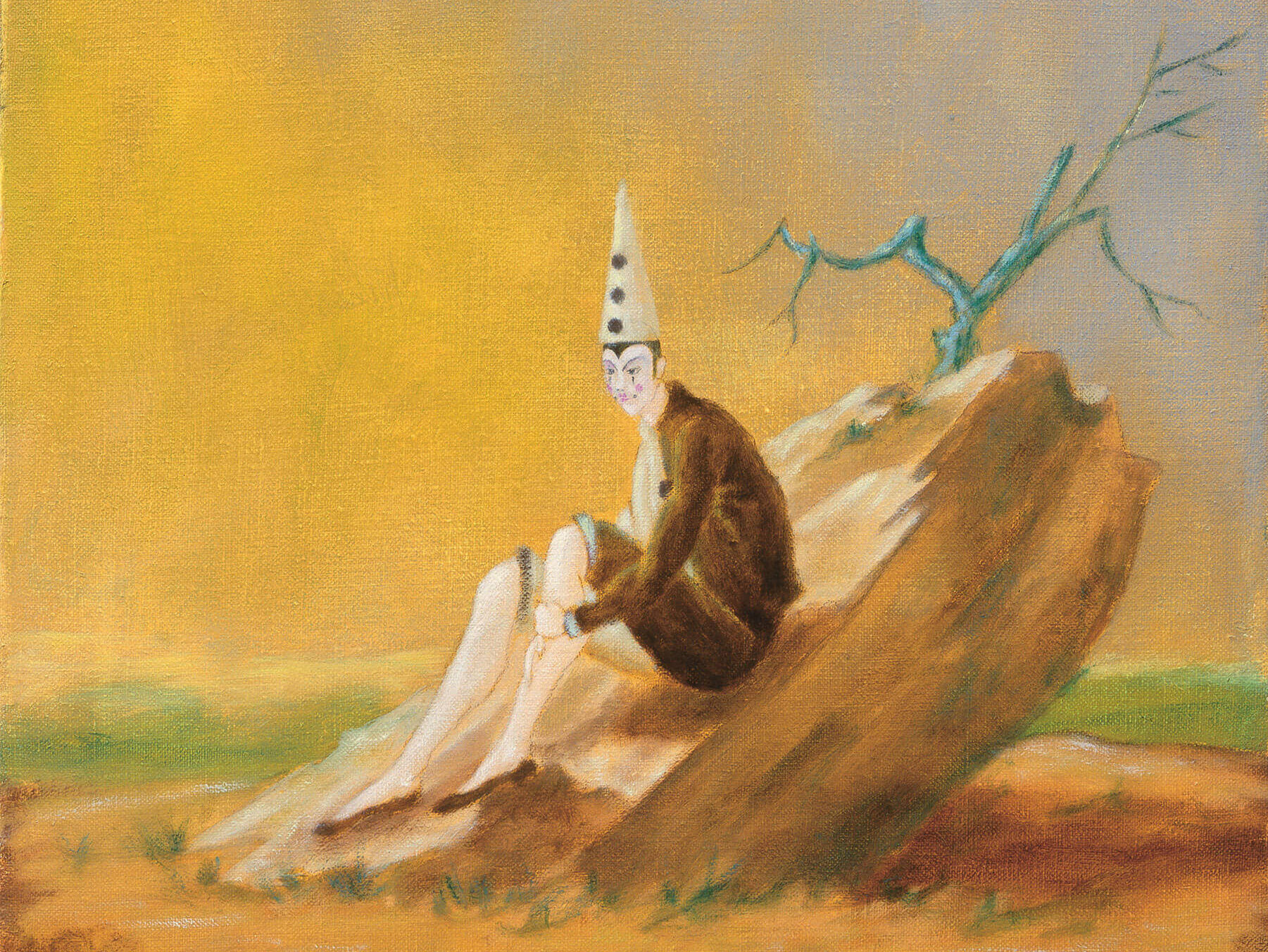 Gemälde mit Figur in spitzem Hut auf Fels sitzend, leuchtender Himmel und kahle Baumäste im Hintergrund – Werk von Uwe Henneken.