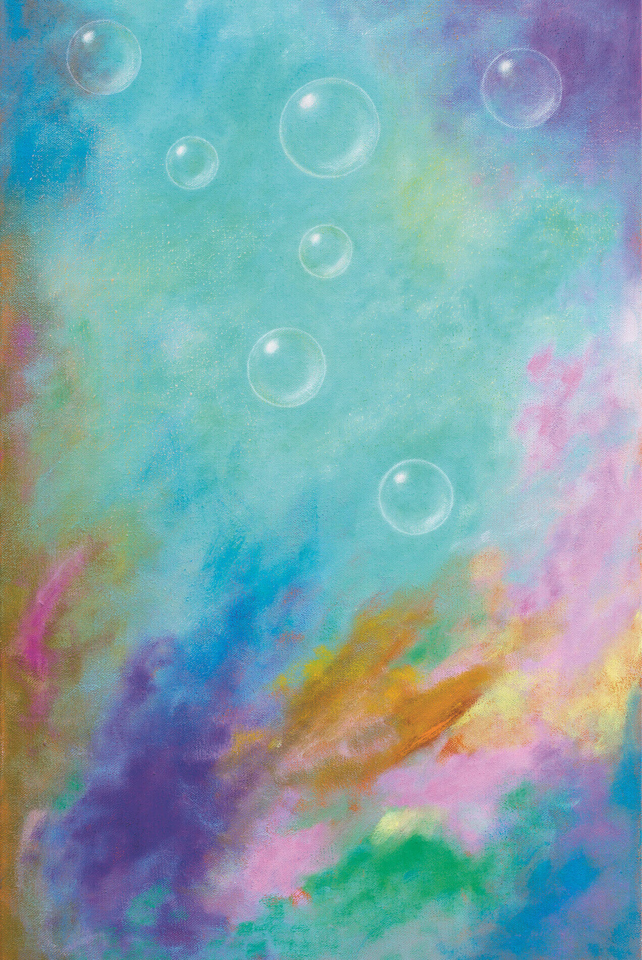 Abstrakte, bunte Farbflächen mit mehreren schwebenden Seifenblasen auf türkisfarbenem Hintergrund.