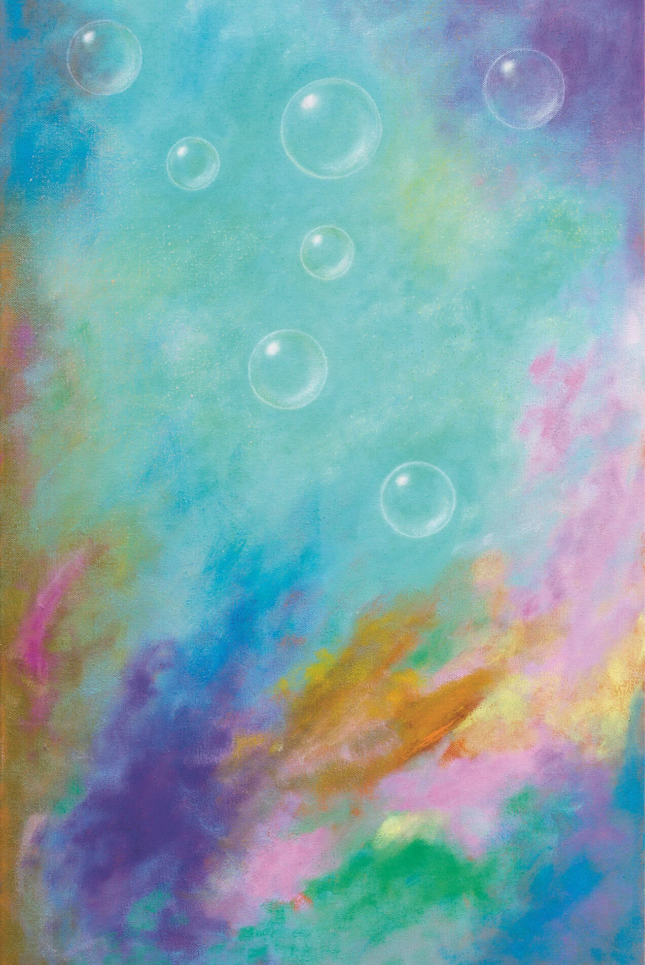 Abstrakte, bunte Farbflächen mit mehreren schwebenden Seifenblasen auf türkisfarbenem Hintergrund.