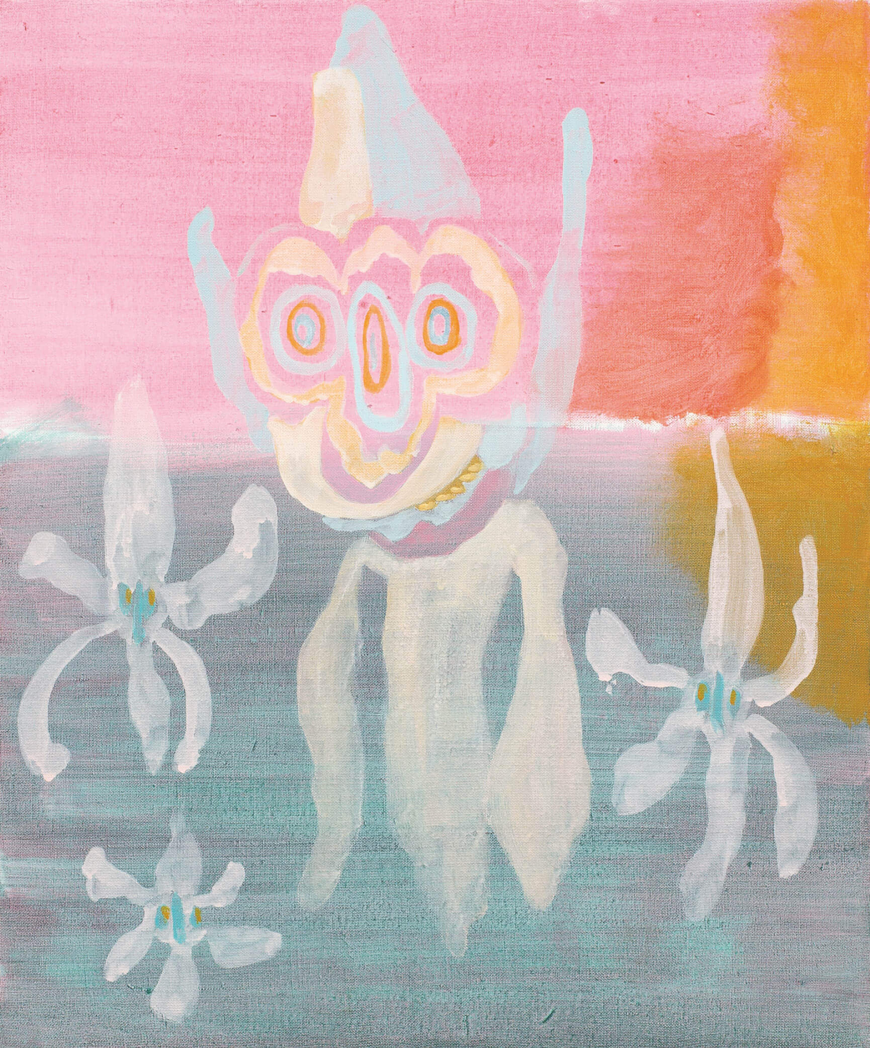 Buntes Fabelwesen mit Blüten vor pink-orangefarbenem Hintergrund – surreales Gemälde von Uwe Henneken.